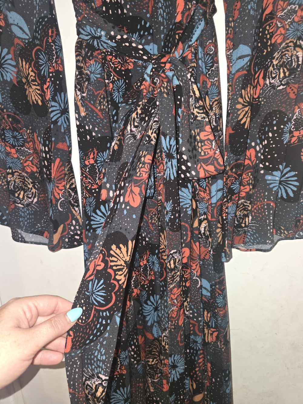 Free People Tiger Pint Maxi Dress with Blue and Rust Floral Accents 100% Rayon - Picture 12 of 14